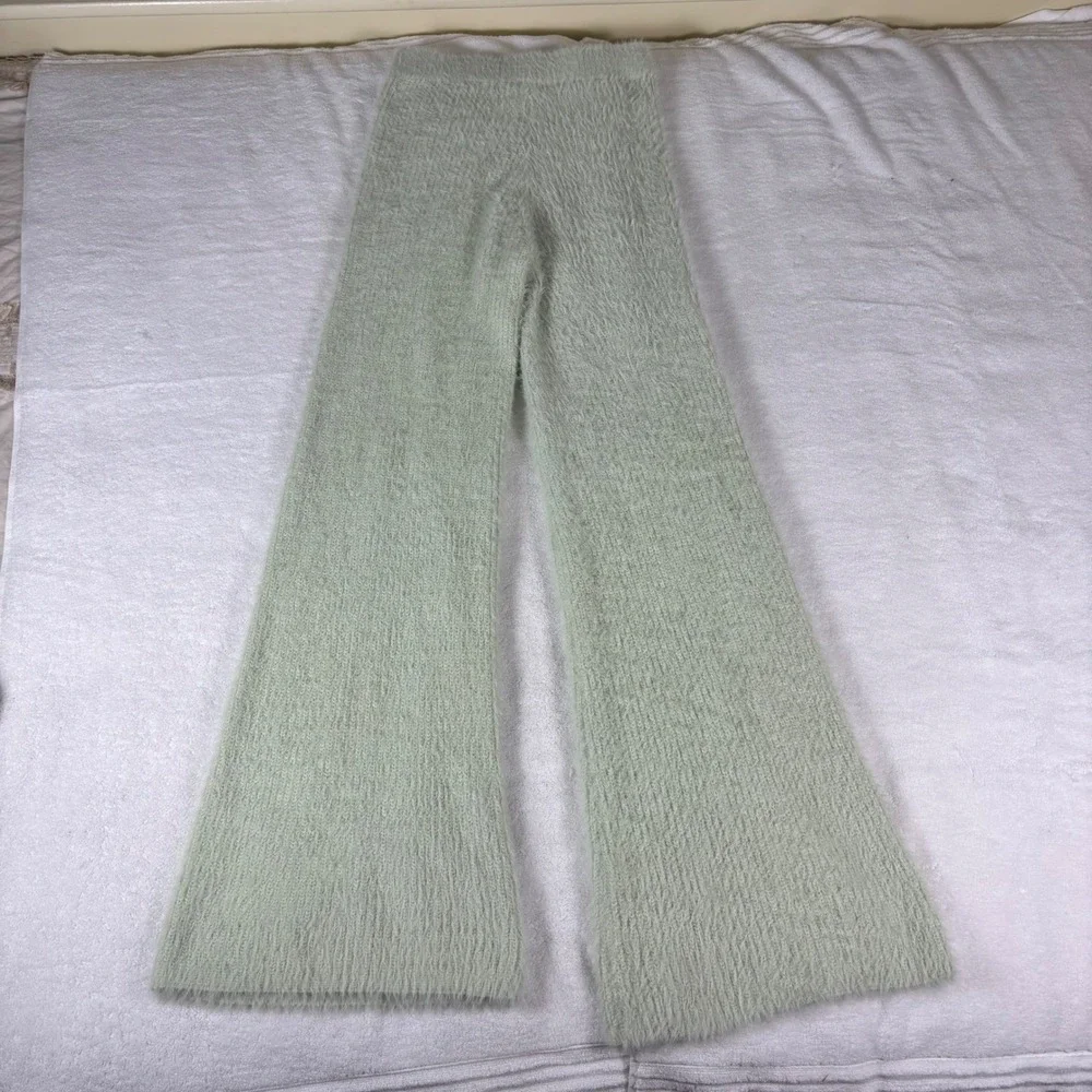 Nasty Gal Sweater Set Womens M Mint Green Fuzzy Eyelash Knit Wide Leg Loungewear